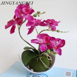 Artificial Butterfly Orchid Potted plants silk Flower with Plastic pots moss Home Balcony Decoration vase set wedding Decorative Y200104