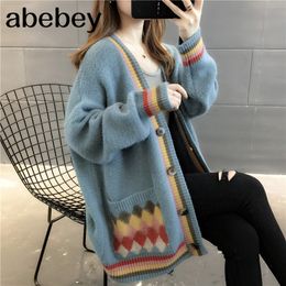 Women Thicken Cardigans Korean Thick Pull Femme Autumn College Style V Neck Button Outwear Winter Knitted Sweater 210204