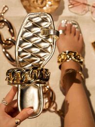 Slippers Women Summer Sandals Slipper Metal Decoration Gold Colour Luxury Slides Woman Flip Flops Casual Square Heel Female Sandal 220304