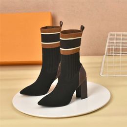High Quality Women Boots Pointed Wedge Platform Heels Socks Leather Lady Martin Boots Presbyopia Heel Height 9cm Ankle Long Shoes with