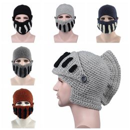 Winter Knitted Hat Roman Knight Mask Cap Adjustable Gladiator Face Mask Handmade Knitted Male Caps Christmas Crochet Beanies Supply LSK1499