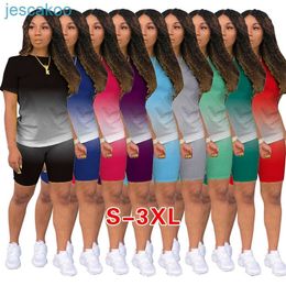 Gradient Designer 2 Piece Pants Set Women Tracksuits Casual Sports Short Sleeve T-Shirt Biker Shorts Suits Plus Size