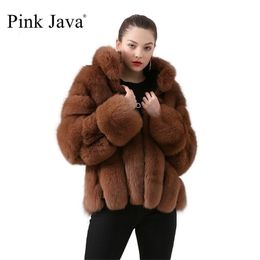 Pink Java QC19018 women coat winter fur jacket real fox fur coats natural fur jackets long sleeves hot sale stand collar 201212