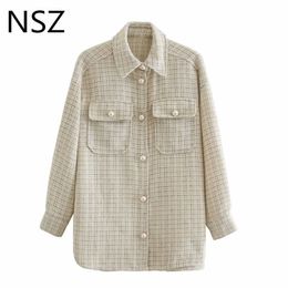 NSZ women houndstooth tweed shirt jacket oversized plaid coat pearl button dogtooth blouse jacket checked outwear streetwear 201120