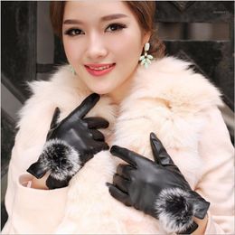 Fingerless Gloves 1 Pair 2021 Beautiful Fur Ball PU Leather For Winter Brand Mitten Luvas Women Female1