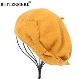 BUTTERMERE French Beret Hat Women Wool Beret Beanie Yellow Autumn Winter Bow Warm Woolen Elegant Ladies Solid Korean Painter Hat Y200103