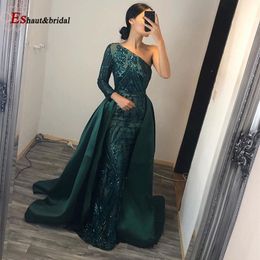 Elegant Evening Dress Muslim Long Sleeves Mermaid with Detachable Train Sequin One Shoulder Prom Party Gowns 201113