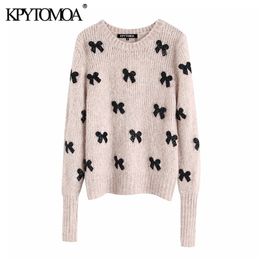 Vintage Elegant Bow Tie Appliques Knitted Sweater Women Fashion O Neck Long Sleeve Female Pullovers Chic Tops 201111