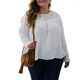 Plus Size T-Shirt Sale Solid Lace Stitching Chiffon Blouse Women White Petal Sleeve Tops Fashion Long Blouses Femme 4XL