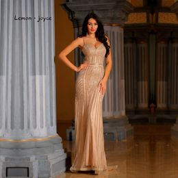 Lemon joyce Champagne Evening Dresses Long 2020 Sexy V-neck Mermaid Evening Gown Party Dress Plus Size robe de soiree LJ201124