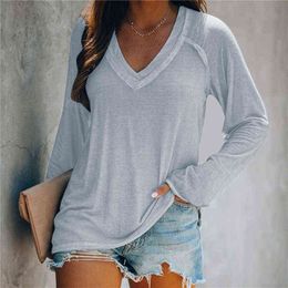 Women Autumn Winter Fashion Casual V-neck Tops Long Sleeved T-shirts Ladies Solid Color Blouses Plus Size Loose Cotton Shirts G220228