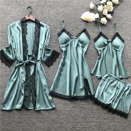 Plus Size 2XL 2019 Women Pyjamas Sets Satin Sleepwear Silk 4 Pieces Nightwear Pyjama Spaghetti Strap Lace Sleep Lounge Pijama Y200708