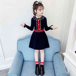 Children Clothing Girls Clothing 2021 Autumn and Winter New Fashion Lapel Long Sleeve Knitted Dress Cute Beauty 12 Year Clothes G1218