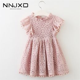 Kids Dresses for Girls Pink Flare Sleeves Girls Summer Dress Vintage Pattern Children Birthday Party Clothes 3 4 5 6 7 8 Years LJ200923