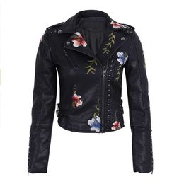 Ailegogo Spring Autumn Flowers Embroidery Pu Leather Jacket Women Turn-down Collar Rivet Zipper Black Biker Coats Tops Clothes 210201