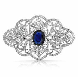 2 Inch Vintage Style Rhinestone Crystal Diamante Wedding Jewellery Brooch With Dark Blue Stone