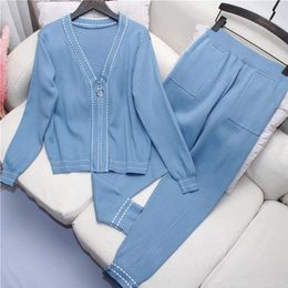Women Casual Tracksuit Knitted Coat and Long Pants Suit 2019 Autumn New V-collar Zipper Up Cardigans +Trousers 2pcs Set Female T200702