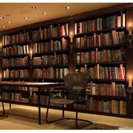 European retro bookshelf coffee shop dessert shop wallpaper study office sofa reading room background wall mural Waterproof