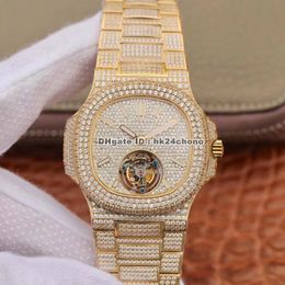R8F Nautilus 5711 18K Gold Full Diamonds Real Tourbillon Mechanical Hand-winding Mens Watch Diamond Dial Diamond Bracelet Gents Watches