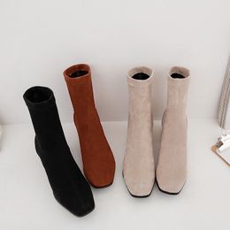 Hot Sale-WETKISS Stretch Flock Boots Women Sock Ankle Boot Female Square Toe Thick Heels Shoes Ladies Fashion Suede Winter Boots NEW 201021