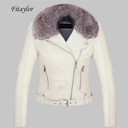 Fitaylor Women Winter Warm Faux Leather Jacket Coat With Fur Collar Female Pink Pu Motorcycle Jacket Biker Punk Black Outerwear LJ201012