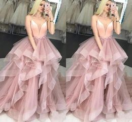 Pink 2021 Dusty Prom Dresses Spaghetti Straps Ruffles Tiered Skirt Tulle Handmade Flowers Custom Made Graduation Party Ball Gown Vestido