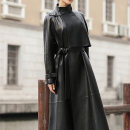 Nerazzurri black long faux leather trench coat for women belt Raglan sleeve spring autumn coat women plus size loose overcoat 210201