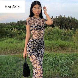 2020 Short Sleeve Daisies Print Mesh See-through Sexy Summer Women Fashion Streetwear Outfits Sundress