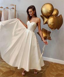 Setwell Spaghetti A-line Wedding Dresses Sleeveless Sexy Backless Pleated Satin Simple Ankle Length Bridal Gowns