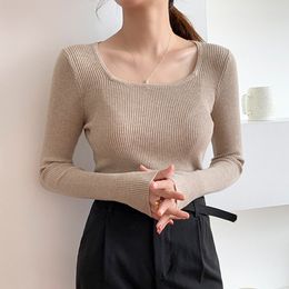 Womens Knitting Full Sleeve Square Collar Sweater Women Pullovers Casual Simple Knitted Jumpers Woman Autumn Winter Sweater 201130