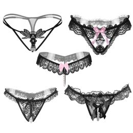 5pcs/lot 5 Style Black Colour Pearl Panties Women Underwear Sexy G String Lace Thongs Low Waist Bowknot Strings 211222