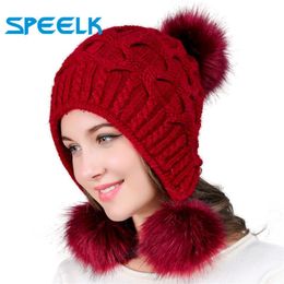 Beanie/Skull Caps Women Hats Autumn Winter Wool Beanies Hat Three Hair Ball Back Open Knit Double Thick Fur Bonnet Beanie Cap