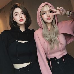 Women Fashion Casual Jogging Hoodies(with Camisole)Korean Loose Short Sweatshirt Female Cropped Hoodies Streetwear Hooded 220217