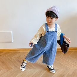 Korean style Autumn fashion boys oversized wide leg denim overalls Girls kids casual loose suspender trousers 201128