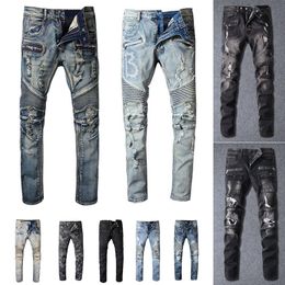 Erkek Tasarımcı Kot Sıkıntılı Yırtık Biker Slim Fit Motosiklet Bisikletçileri Denim Erkekler s Moda Mans Siyah Pantolon için hommes dökün