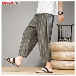 MrGoldenBowl Store Male Striped Cotton Linen Pants Men Calf-Length Loose Harem Pants Mens Vintage Casual Trousers Clothing 201110