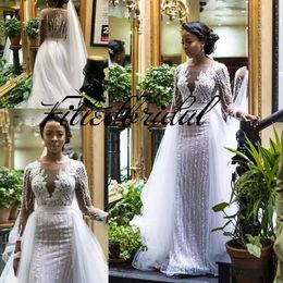 Luxury Beaded Long Sleeves Mermaid African Wedding Dress with Detachable Train South Africa Plus Size Nigeria Wedding Gowns