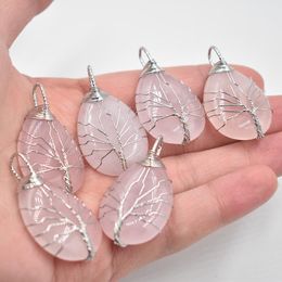 Natural Stone Healing Crystal Tree of Life Charms Pendants Rose Quartz Wire Wrapped Trendy Jewelry Making