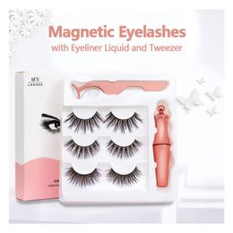 2021 New Magnetic Eyelashes with Eyeliner and Tweezer 3 Pairs Magnetic False Eyelashes Liquid Eyeliner Makeup Set Reusable No Glue Needed