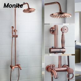 Monite Pink Rose Gold-plated Bathroom Set Rain Head Mixer with Hand Shower Faucet Bath Rainfall LJ201212