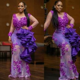 Aso Ebi Illusion Prom Dresses Mermaid Formal Party Gowns Purple Ruffles lavender african Evening Dress vestido longo