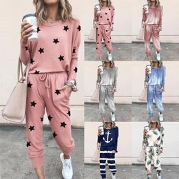 Women Two Pieces Set Loose Printed Long Sleeve Trousers Casual Suit Ladies Fashion Leisure Clothing Fall And Winte New C13