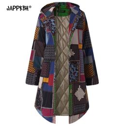 Autumn Winter Jackets Women Casual Plus Size Hooded Coat Female Vintage Print Cotton And Linen Thick Warm Long Parkas 5XL 201019