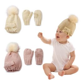 2020 Baby Hat and Mittens Set Kids Knitted Cotton Beanie Cap Winter Warm Boys Girls Double Pompom Hats Gloves Xmas Gifts