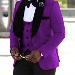 Brand New Groomsmen Shawl Velvet Lapel Groom Tuxedos Purple and Black Men Suits Wedding Best Man Blazer (Jacket+Pants+Bow Tie+Vest) L606