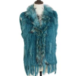 Harppihop Free shipping womens natural real rabbit fur vest with raccoon fur collar waistcoat/jackets rex rabbit knitted winte 201110