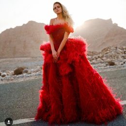 luxurious red feather evening gowns off shoulder crystal prom gowns plus size beaded dubai elegant robe de soiree
