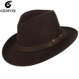 GEMVIE Men/Women Wide Brim Wool Felt Outback Hat Fedora With Leather Belt Band Autumn Winter All Seasons Cowboy Hat Y200110