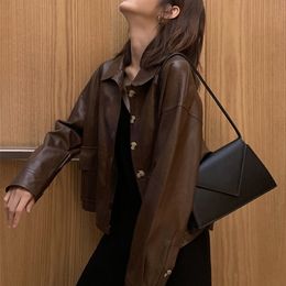 Nerazzurri Short brown leather jacket women long sleeve drop shoulder Plus size faux leather jackets for women Spring shirt 201223