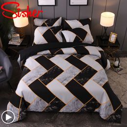 Modern Geometric Bedding Set Queen King Size Duvet Cover Sets Black White Marble Print Quilt Cover Bedclothes No Bed Sheet LJ201015